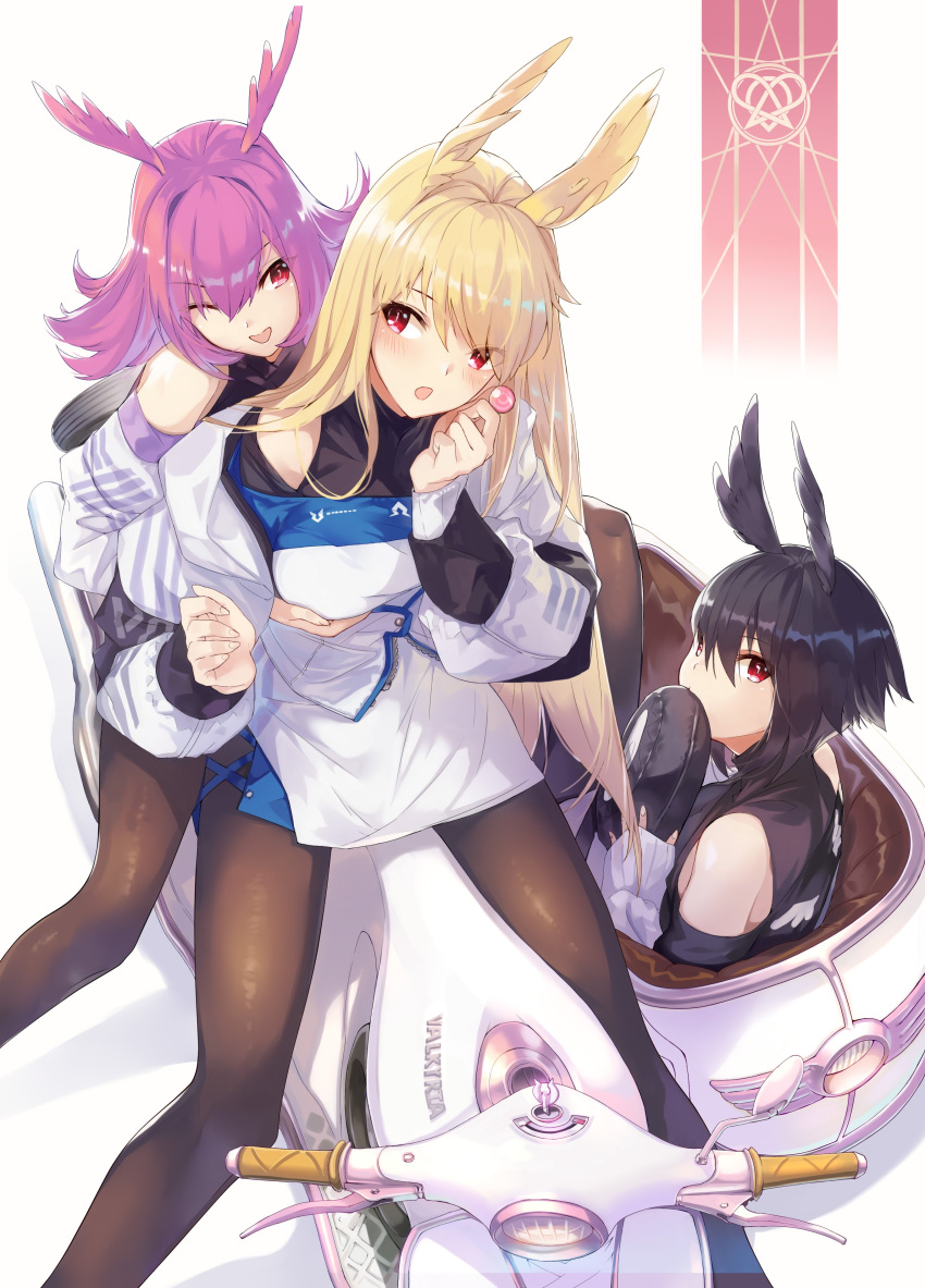 3girls :o ;d absurdres bangs black_hair black_legwear blonde_hair blush breast_grab breasts candy dress eyebrows_visible_through_hair fate/grand_order fate_(series) food grabbing ground_vehicle hair_between_eyes head_wings highres hildr_(fate/grand_order) holding holding_food jacket lollipop long_hair looking_at_viewer medium_breasts moped motor_vehicle multiple_girls ohland one_eye_closed open_mouth ortlinde_(fate/grand_order) pantyhose pink_hair racequeen red_eyes short_hair shoulder_cutout sidecar sitting smile thrud_(fate/grand_order) turtleneck valkyrie_(fate/grand_order) very_long_hair