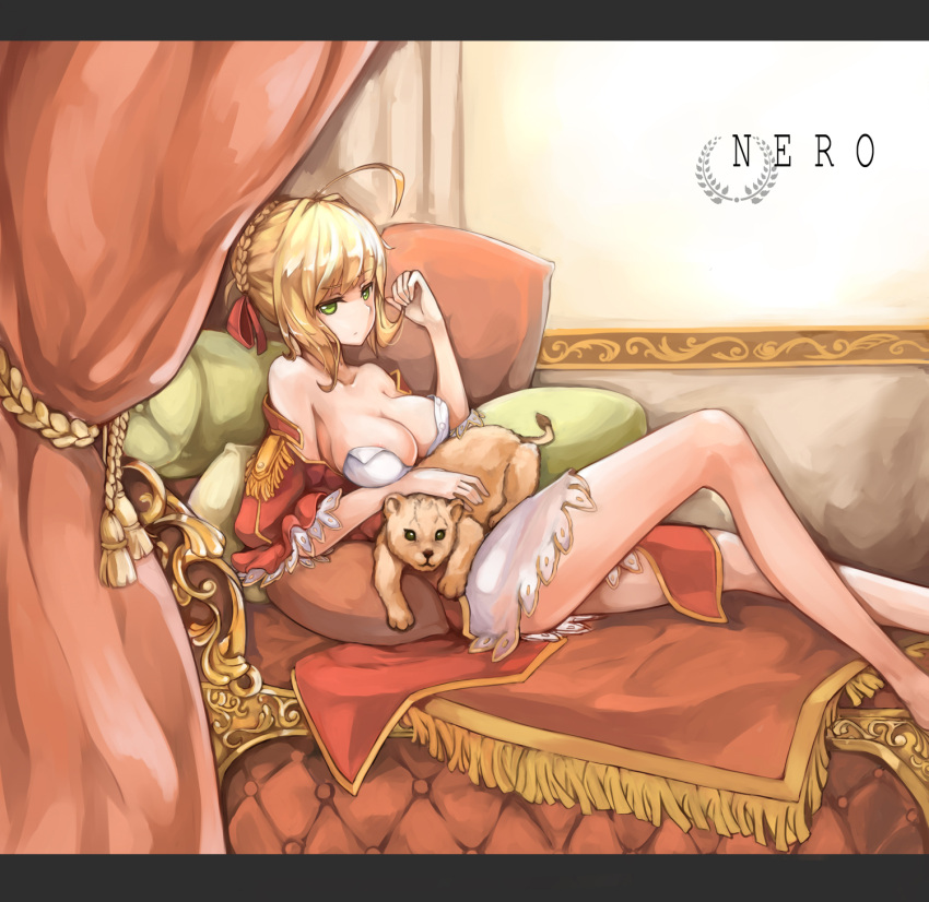 1girl ahoge blonde_hair braid breasts cub curtains epaulettes fate/extra fate_(series) green_eyes highres large_breasts lion partially_undressed saber_extra tdgsgl