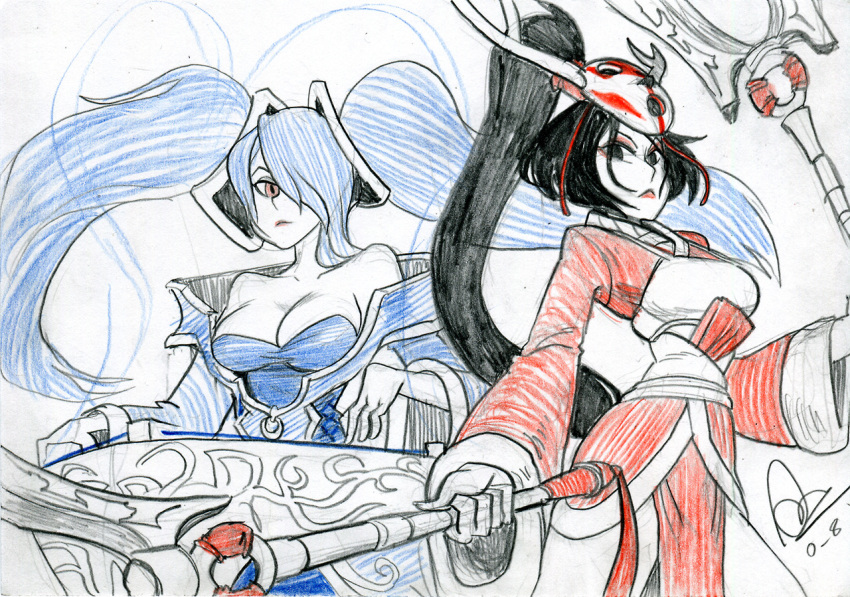 2girls akali alex_ahad antlers bare_shoulders black_hair blue_hair breasts cleavage dual_wielding eyeshadow hair_over_one_eye high_ponytail large_breasts league_of_legends lipstick long_hair makeup mask multiple_girls photo polearm red_eyes sketch slender_waist sona_buvelle traditional_media twintails very_long_hair weapon