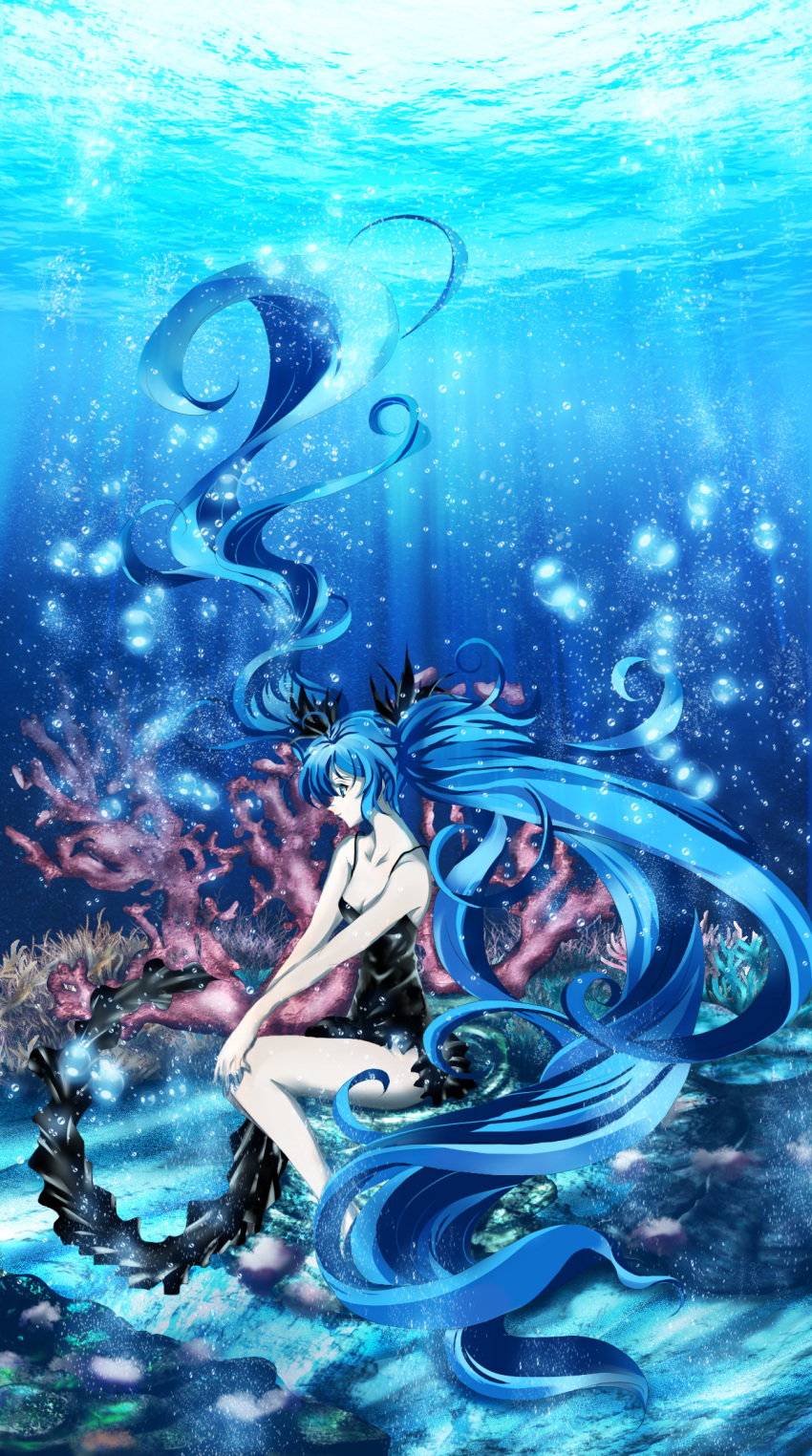 1girl blue_eyes blue_hair bubble coral dress floating_hair hatsune_miku highres long_hair purlchite shinkai_shoujo_(vocaloid) sitting solo submerged twintails underwater very_long_hair vocaloid
