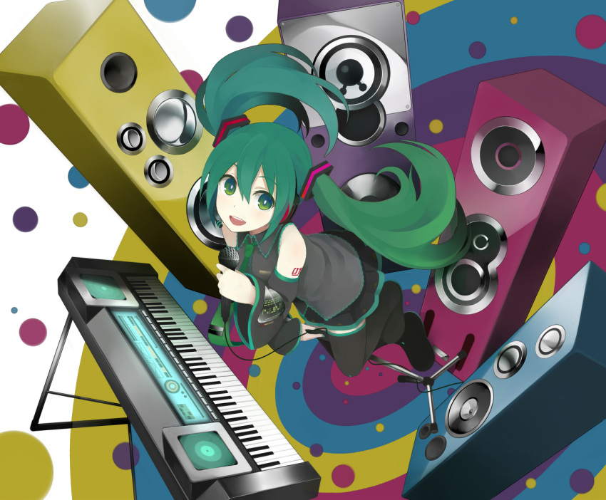 1girl boots detached_sleeves from_above green_eyes green_hair hatsune_miku instrument keyboard_(instrument) long_hair microphone microphone_stand necktie nnyu skirt solo speaker thigh-highs thigh_boots twintails very_long_hair vocaloid