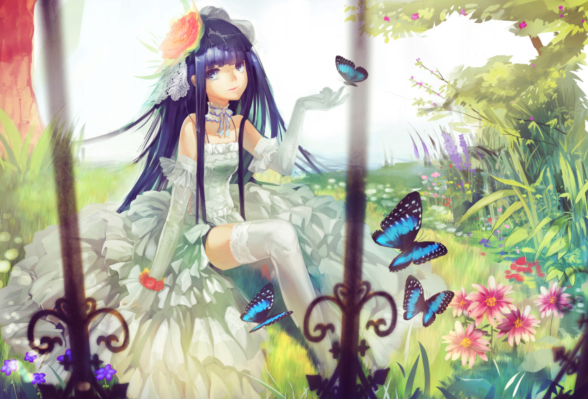 123456_(1322881) 1girl absurdres bare_shoulders blue_eyes bracelet butterfly butterfly_on_hand choker detached_collar dress elbow_gloves female flower flower_bracelet gloves grass hair_flower hair_ornament highres jewelry lace lace-trimmed_thighhighs long_hair looking_at_viewer nature original purple_hair sitting sleeveless sleeveless_dress smile solo thigh-highs veil wedding_dress white_dress white_gloves white_legwear
