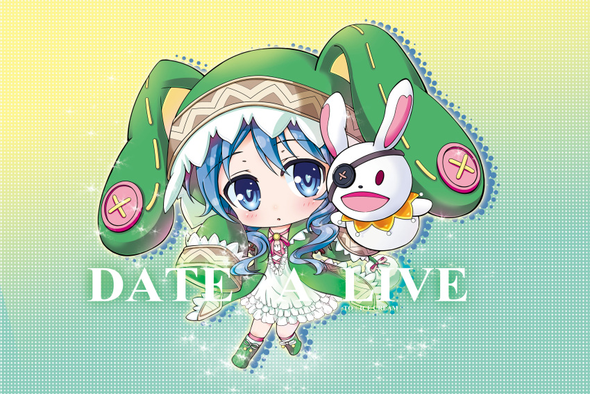 1girl absurdres animal_ears animal_hood blue_eyes blue_hair blush bow coat copyright_name date_a_live english eyepatch gradient gradient_background hand_puppet highres hood ice_cream-p long_hair looking_at_viewer open_mouth puppet rabbit rabbit_ears solo stuffed_animal stuffed_bunny stuffed_toy yoshino_(date_a_live)