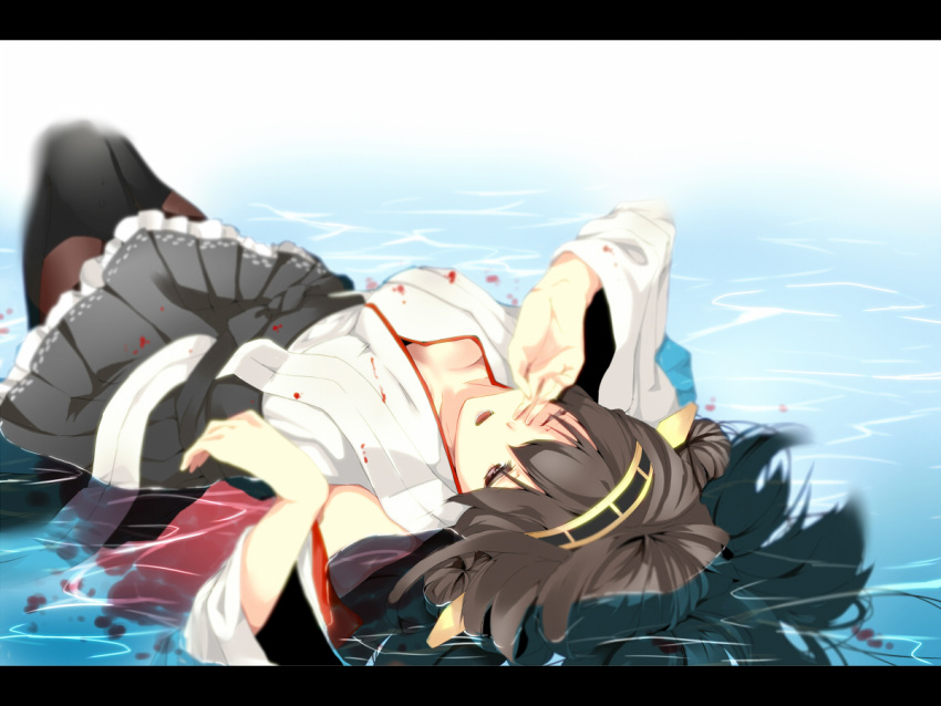 1girl black_legwear boots breasts brown_hair cleavage detached_sleeves hair_ornament headgear hrk173 japanese_clothes kantai_collection kongou_(kantai_collection) long_hair lying on_back open_mouth personification skirt solo thigh-highs water wide_sleeves wince