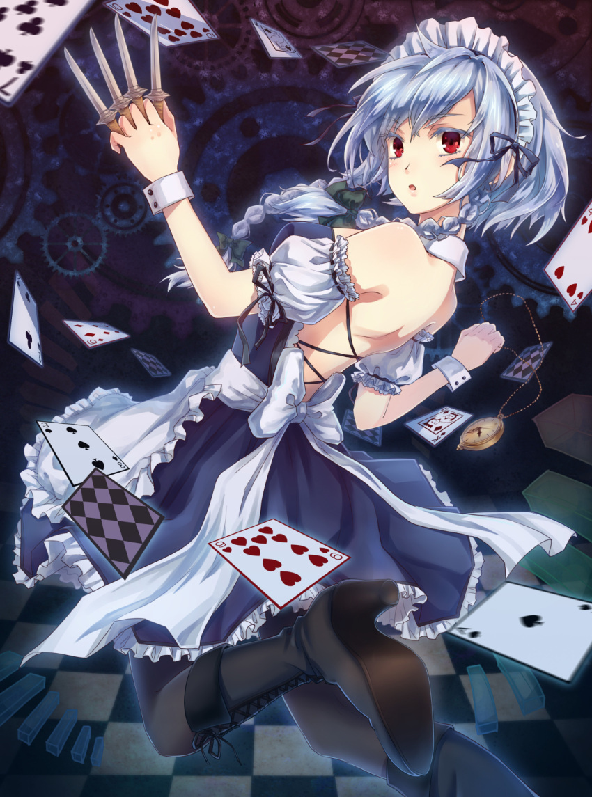 1girl adapted_costume apron backless_outfit bare_shoulders between_fingers black_legwear blue_dress boots braid card cross-laced_footwear dress hair_ribbon highres izayoi_sakuya knife long_hair looking_at_viewer looking_back maid maid_headdress pantyhose pocket_watch puffy_sleeves red_eyes ribbon short_sleeves silver_hair solo strapless_dress tile_floor tiles touhou turning twin_braids waist_apron watch wrist_cuffs yezhi_na