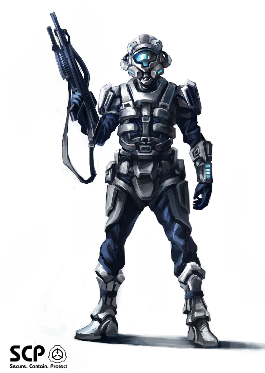 armor full_armor gun helmet highres rifle scp_foundation soldier solo underbarrel_shotgun weapon