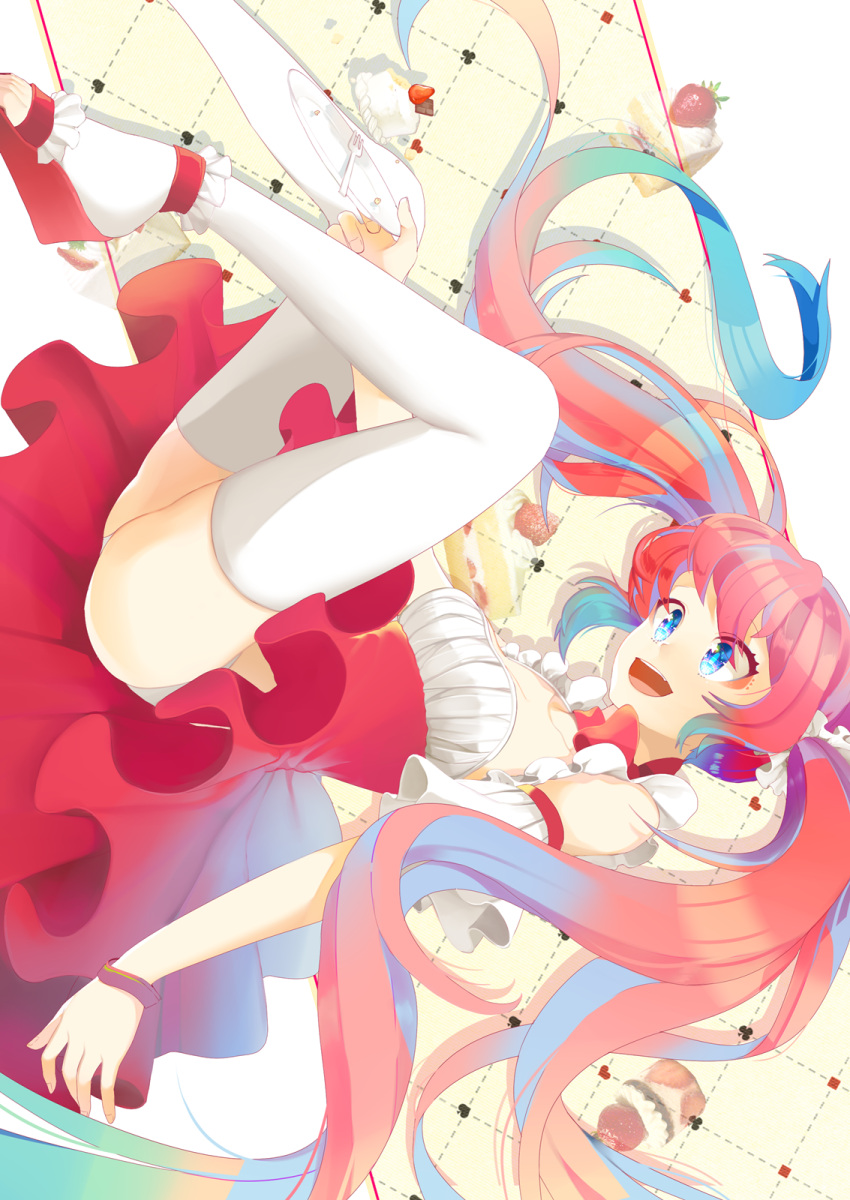 1girl alternate_hair_color blue_eyes bracelet cake dress food fork hatsune_miku highres iso1206 jewelry open_mouth panties plate redhead solo thighhighs underwear vocaloid white_legwear