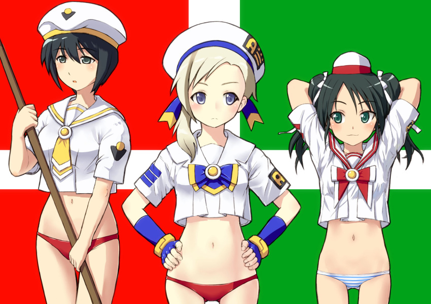 3girls aqua_eyes black_eyes blonde_hair blue_eyes fingerless_gloves flag francesca_lucchini gloves green_hair hands_on_hips hat highres luciana_mazzei martina_crespi midriff multiple_girls naval_uniform navel open_mouth owa_(ishtail) panties red_panties smile strike_witches striped striped_panties underwear