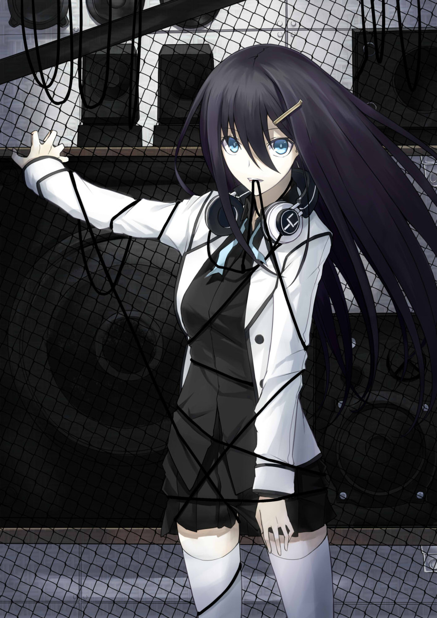 1girl black_hair blazer blue_eyes cable chain-link_fence entangled headphones headphones_around_neck highres kauto long_hair mouth_hold original skirt solo speaker thigh-highs white_legwear