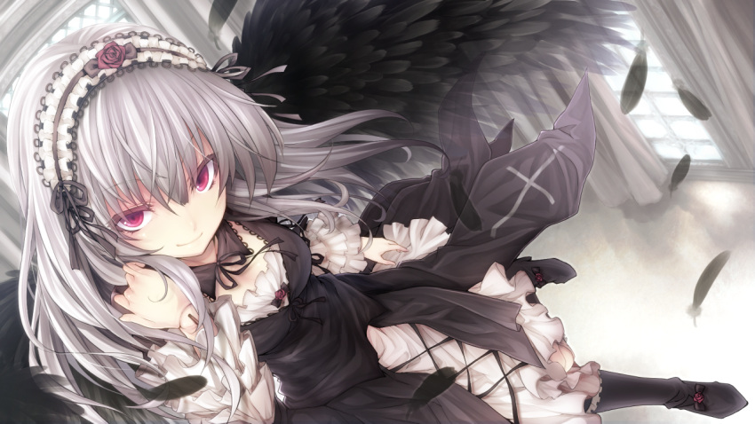 1girl black_wings blush doll_joints dress feathers gothic_lolita hairband lolita_fashion long_hair looking_at_viewer red_eyes rozen_maiden silver_hair smile solo suigintou tousen wings