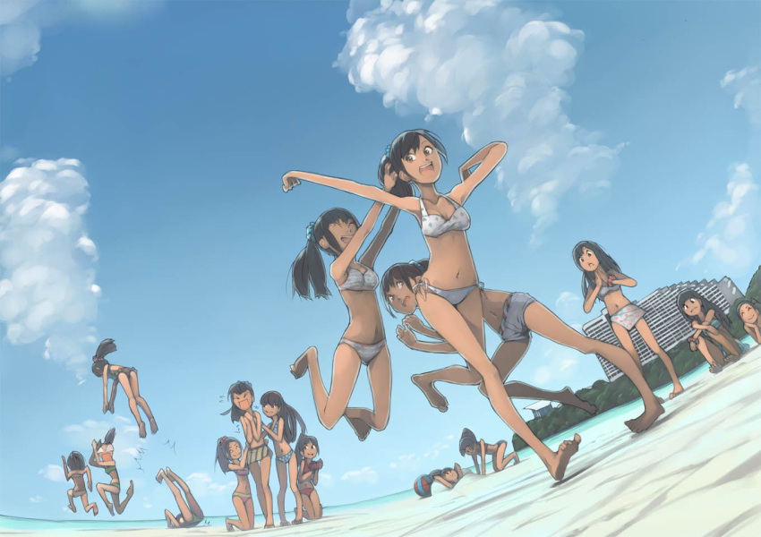 6+girls akinbo_(hyouka_fuyou) barefoot beach bikini black_hair blush bracelet breasts brown_hair chin_rest cleavage closed_eyes clouds hands_together jewelry jumping launching long_hair multiple_girls navel open_mouth original ponytail running sand_sculpture sarong short_hair side-tie_bikini sitting sky smile surprised swimsuit tan water