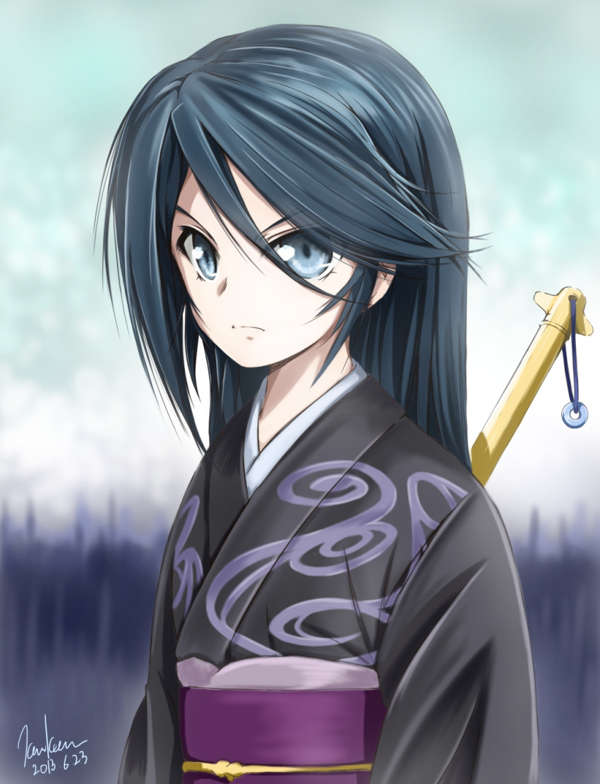 1girl blue_eyes blue_hair hataraku_maou-sama! highres japanese_clothes kamazuki_suzuno kem_kem kimono long_hair signature solo weapon