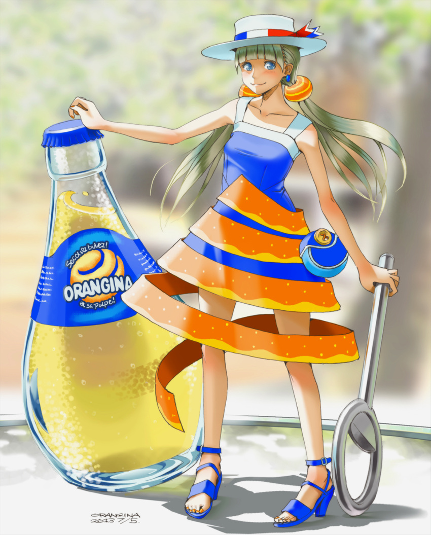1girl bag blonde_hair blue_eyes blush bottle bottle_opener dress earrings food food_themed_clothes fruit hat highres jewelry long_hair looking_at_viewer orange_peel orangina original personification purse robot_(santouhei) shoes smile solo twintails