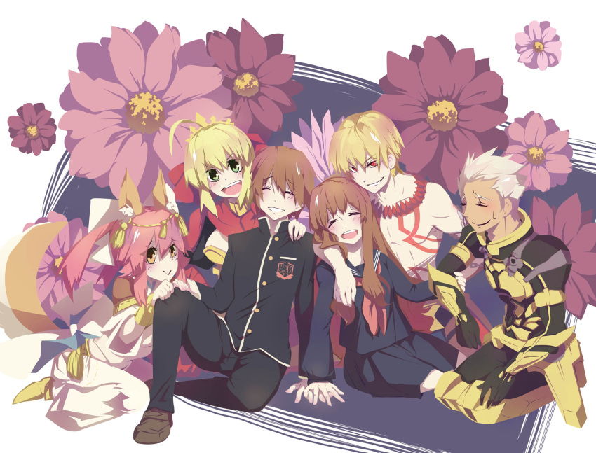 3boys 3girls alternate_costume archer blonde_hair brown_hair caster_(fate/extra) fate/extra_ccc fate_(series) female_protagonist_(fate/extra) gilgamesh highres male_protagonist_(fate/extra) msg01 multiple_boys multiple_girls pink_hair saber_extra white_hair