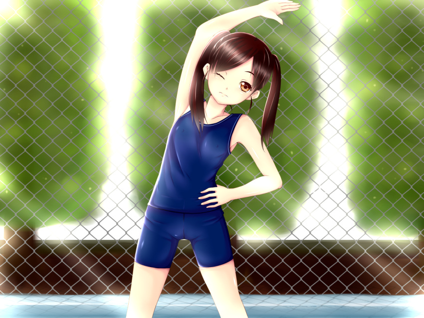 arm_up armpits bike_shorts brown_eyes brown_hair chain-link_fence exercise original outdoors shorts stretch twintails vest wink