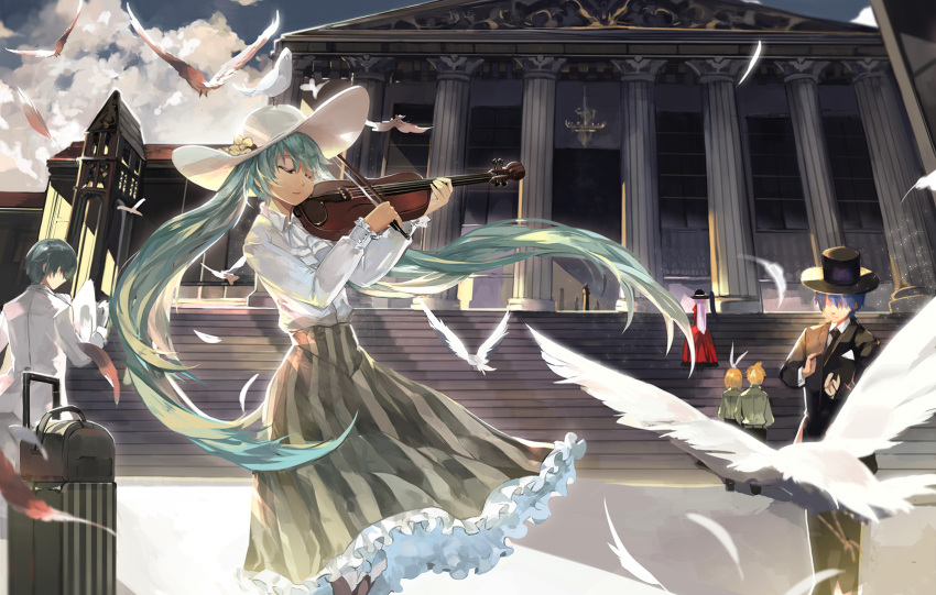 bag bird closed_eyes clouds hat hatsune_miku highres instrument long_hair saberiii skirt sky stairs suitcase top_hat twintails very_long_hair violin vocaloid