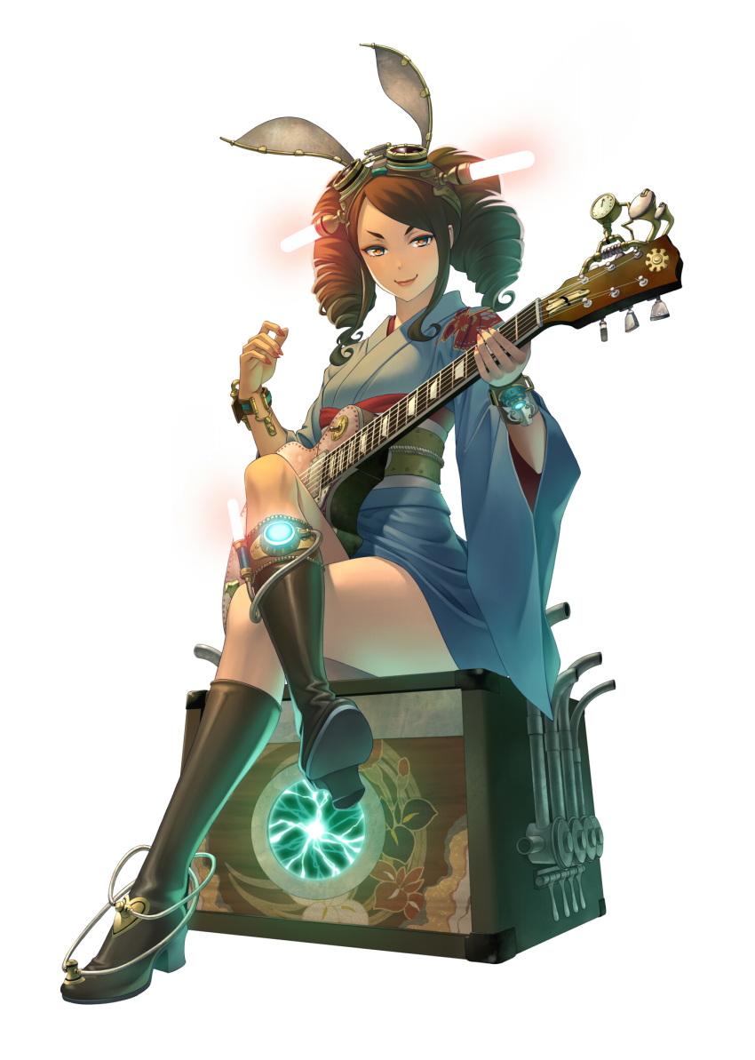 1girl blue_eyes boots bracelet brown_hair crossed_legs drill_hair goggles goggles_on_head guitar high_heels highres instrument japanese_clothes jewelry kimono knee_boots lipstick looking_at_viewer makeup nail_polish original shoes simple_background sitting smile solo steampunk symbol-shaped_pupils terumii