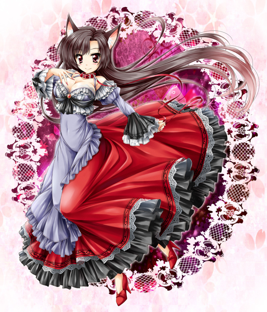 1girl animal_ears blush breasts brooch brown_hair cleavage clothed_navel collar dress fingernails high_heels highres imaizumi_kagerou jewelry kamiya_tomoe large_breasts leash long_fingernails long_hair long_sleeves looking_at_viewer pink_eyes red_eyes shirt shoes skirt smile solo tail touhou very_long_hair wide_sleeves wolf_ears wolf_tail