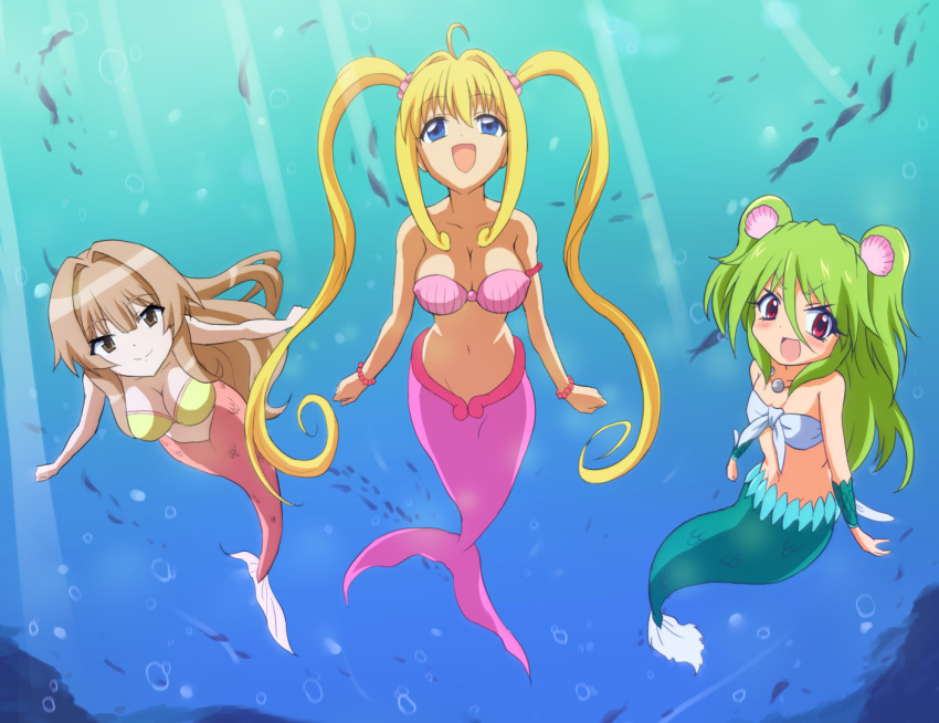 3girls blonde_hair blue_eyes brown_eyes brown_hair crossover fish_tail green_hair long_hair mermaid mermaid_melody_pichi_pichi_pitch monster_girl multiple_girls muromi-san namiuchigiwa_no_muromi-san nanami_lucia red_eyes seto_no_hanayome seto_san twintails two_side_up underwater utakatanagi