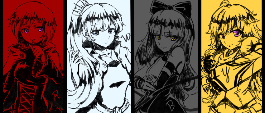 4girls absurdres ahoge blake_belladonna blue_eyes bow cape cross dress gauntlets gloves highres jewelry long_hair multiple_girls multiple_monochrome ponytail ruby_(rwby) rwby short_hair smile violet_eyes weapon weiss_schnee yang_xiao_long yellow_eyes yuugyou_you