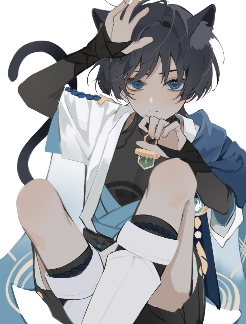 1boy absurdres anemo_symbol_(genshin_impact) animal_ears aqua_sleeves armor bags_under_eyes black_bodysuit black_hair black_rope black_shorts black_socks blue_cape blue_eyes blue_rope blunt_ends bodysuit bridal_gauntlets cape cat_ears cat_tail closed_mouth crossed_legs curled_fingers eyeliner eyeshadow feathers genshin_impact gold hair_intakes hakama hakama_shorts hand_up highres japanese_armor japanese_clothes kimono knees knees_apart_feet_together kote kurokote layered_clothes layered_kimono layered_sleeves leg_warmers looking_at_viewer loose_hair_strand makeup male_focus open_clothes open_hand open_kimono paw_pose pom_pom_(clothes) red_eyeliner red_eyeshadow rope scaramouche_(genshin_impact) short_sleeves shorts shoulder_peek sitting socks solo tail vision_(genshin_impact) wakana_zhito wanderer_(genshin_impact) white_background white_kimono white_leg_warmers white_sleeves