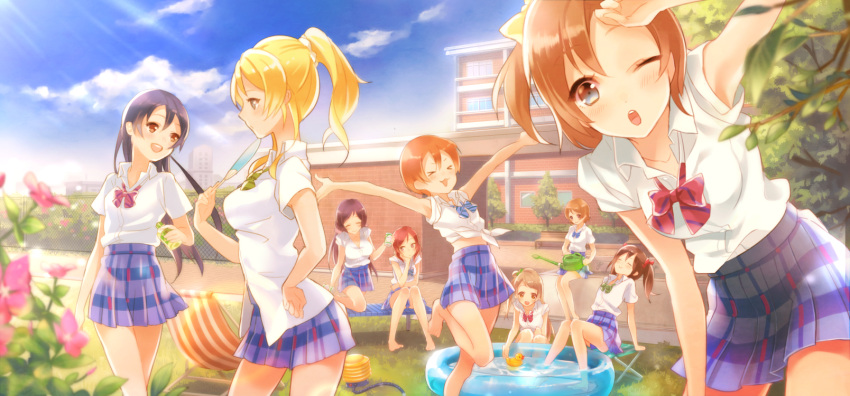 &gt;_&lt; :&gt; :3 :d :o \o/ ^_^ arm_support arms_up ayase_eli bench black_hair blonde_hair blue_hair bow bowtie brown_eyes brown_hair chair chin_rest closed_eyes clouds fan feet_in_water flower grass hair_bow hand_on_forehead hand_on_hip highres hoshizora_rin koizumi_hanayo kousaka_honoka leaf long_hair love_live!_school_idol_project minami_kotori nishikino_maki open_mouth outstretched_arms paper_fan pekopekotaro plaid plaid_skirt pleated_skirt ponytail redhead rubber_duck school_uniform scrunchie short_hair side_ponytail sitting skirt sleeves_pushed_up smile soaking_feet sonoda_umi standing standing_on_one_leg summer sunbeam sunlight tied_shirt toujou_nozomi twintails uchiwa wading_pool water watering_can wink yazawa_nico