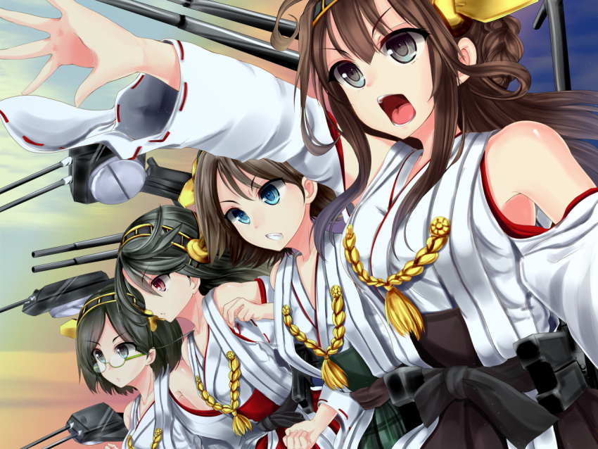 4girls ahoge bare_shoulders black_hair blue_eyes breasts brown_hair detached_sleeves glasses hairband haruna_(kantai_collection) headgear hiei_(kantai_collection) japanese_clothes kantai_collection kirishima_(kantai_collection) kongou_(kantai_collection) long_hair mokufuu multiple_girls open_mouth outstretched_arm personification red_eyes short_hair wide_sleeves