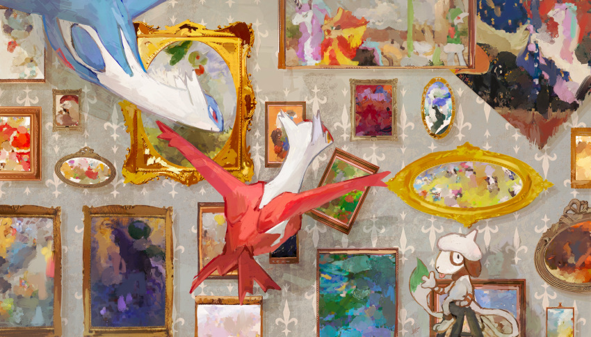 absurdres aomidori_iro blue_skin blue_wings calyrex_(shadow_rider) charizard colored_skin dragonite dratini floating florges furfrou galarian_rapidash gallade highres horns indoors ladder latias latios long_neck looking_at_viewer lotad marill mudsdale multicolored_skin no_humans on_ladder paint painting_(object) picture_frame pokemon pokemon_(creature) pokemon_focus profile pyroar red_eyes red_skin red_wings sirfetch'd sitting smeargle smile stepladder tail tongue tongue_out vanillite waving white_skin wings yellow_eyes