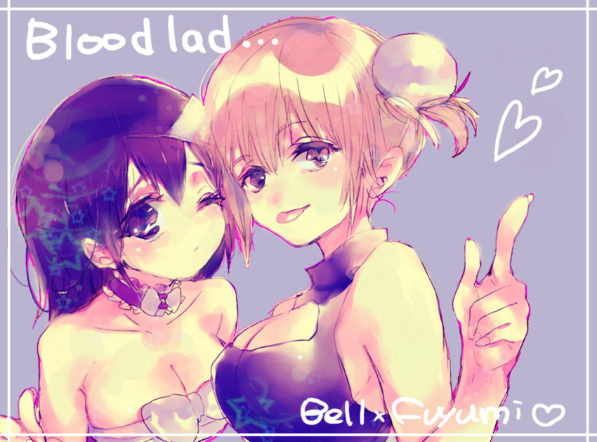 2girls 369-chan :p bare_shoulders bel_hydra black_hair blonde_hair blood_lad bow breasts cleavage collar copyright_name english heart large_breasts long_hair looking_at_viewer multiple_girls short_hair tongue wink yanagi_fuyumi