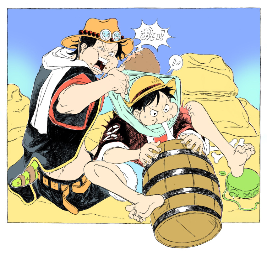 2boys barefoot barrel belt black_hair black_shorts blue_shorts brothers caramanducas drinking eating food freckles hat highres male_focus meat monkey_d._luffy multiple_boys one_piece orange_belt orange_hat portgas_d._ace scar scar_on_face scarf short_hair shorts siblings straw_hat