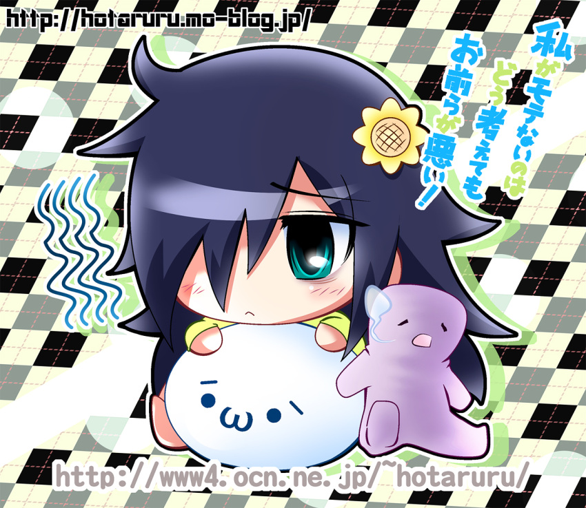 1girl :3 bags_under_eyes black_hair blush checkered checkered_background chibi green_eyes hair_over_one_eye hotaruru kuroki_tomoko long_hair plush solo tagme watashi_ga_motenai_no_wa_dou_kangaetemo_omaera_ga_warui!