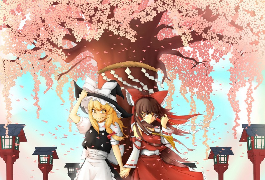 apron blonde_hair blue_sky bow braid brown_hair cherry_blossoms clouds cube85 detached_sleeves hair_bow hair_tubes hakurei_reimu hand_in_hair hand_on_hat hat holding_hands kirisame_marisa lantern long_hair looking_at_viewer outdoors red_eyes shide shimenawa single_braid skirt skirt_set sky touhou tree waist_apron wind witch_hat