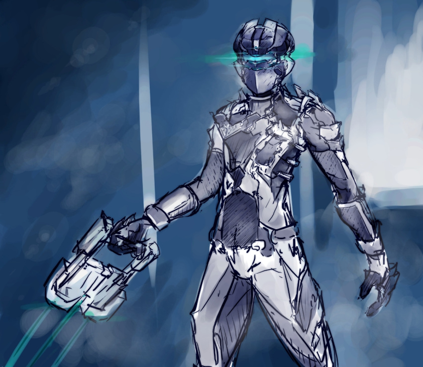 1boy armor dead_space eu03 glowing gun helmet isaac_clarke plasma_cutter power_suit science_fiction solo spacesuit visor weapon