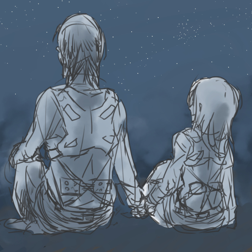 2girls blue christa_renz dark from_behind holding_hands jingo_kajiki monochrome multiple_girls night night_sky shingeki_no_kyojin sitting sketch sky ymir_(shingeki_no_kyojin)