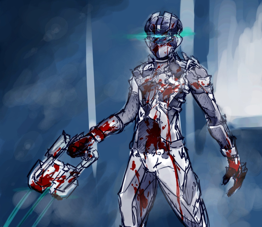 1boy armor blood blood_splatter bloody_clothes dead_space eu03 glowing gun helmet isaac_clarke plasma_cutter power_suit science_fiction solo spacesuit visor weapon