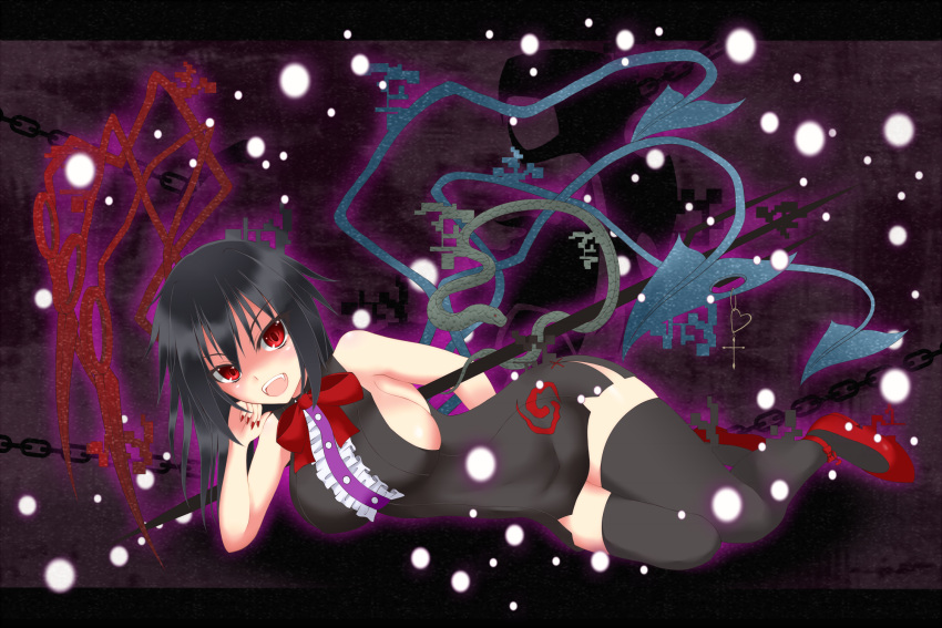 1girl bare_shoulders black_hair black_legwear breasts chain gmot highres on_side polearm red_eyes sideboob sleeveless solo thigh-highs touhou trident weapon zetsumame