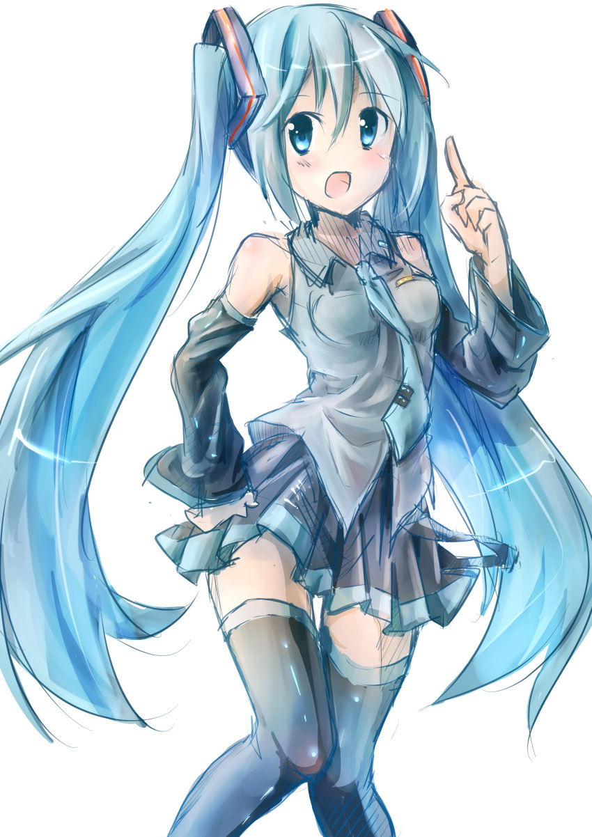1girl absurdres aqua_eyes aqua_hair detached_sleeves hand_on_hip hatsune_miku highres kuroneko_shi long_hair necktie open_mouth pointing pointing_up rough skirt solo thighhighs twintails very_long_hair vocaloid white_background