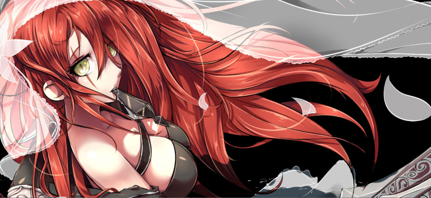 1girl beancurd breasts cleavage green_eyes katarina_du_couteau kunai large_breasts league_of_legends long_hair mouth_hold redhead scarf solo veil very_long_hair weapon