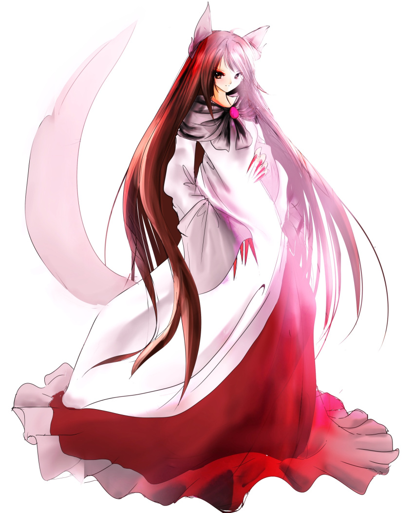 1girl animal_ears brooch brown_hair dress fingernails hands_on_hips highres imaizumi_kagerou jewelry long_fingernails long_hair long_sleeves nyago red_eyes simple_background smile solo tail touhou very_long_hair white_background wide_sleeves wolf_ears wolf_tail