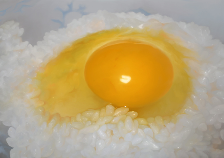 bowl chaostarou egg food no_humans original photorealistic rice still_life tamagokake_gohan