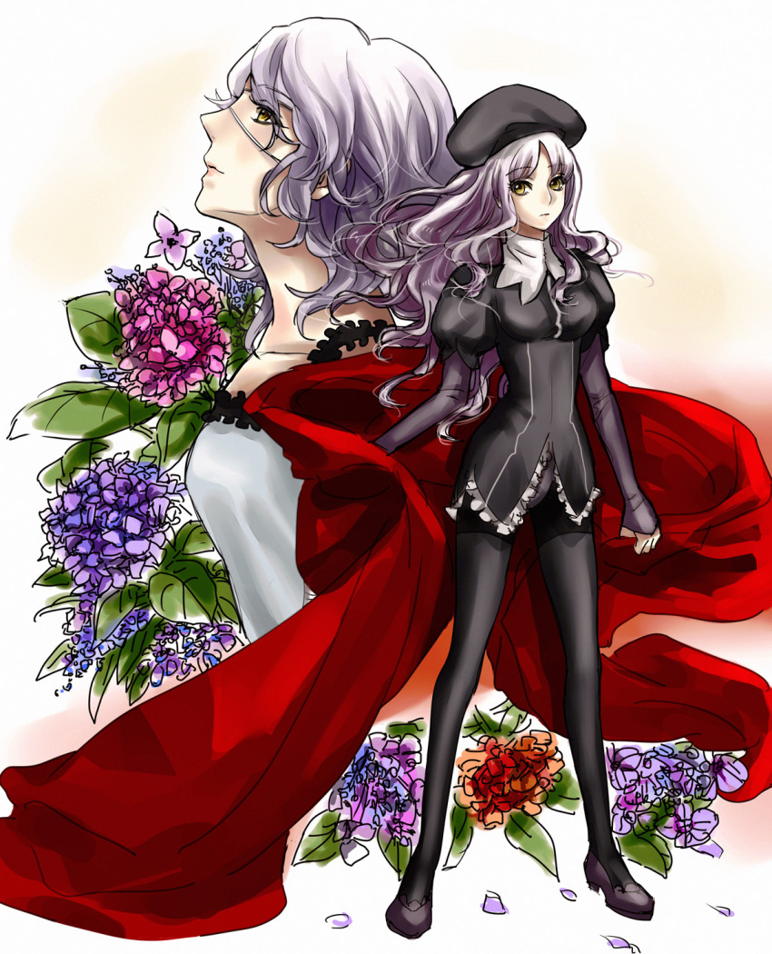 2girls caren_hortensia claudia_hortensia eyepatch fate/hollow_ataraxia fate/zero fate_(series) flower frown hat highres long_hair migillu mother_and_daughter multiple_girls white_hair yellow_eyes