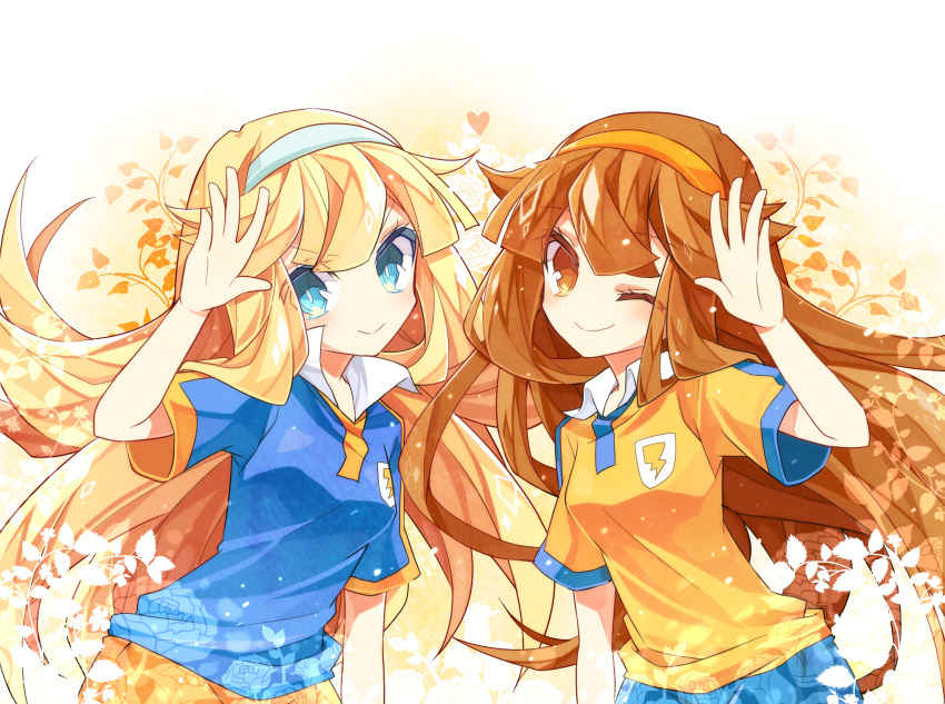 2girls blonde_hair blue_eyes breasts brown_eyes brown_hair dual_persona fusion hairband heart highres inazuma_eleven_(series) inazuma_eleven_go inazuma_eleven_go_chrono_stone long_hair master_dragon multiple_girls nanobana_kinako raimon smile soccer_uniform symmetry wink yuui1994