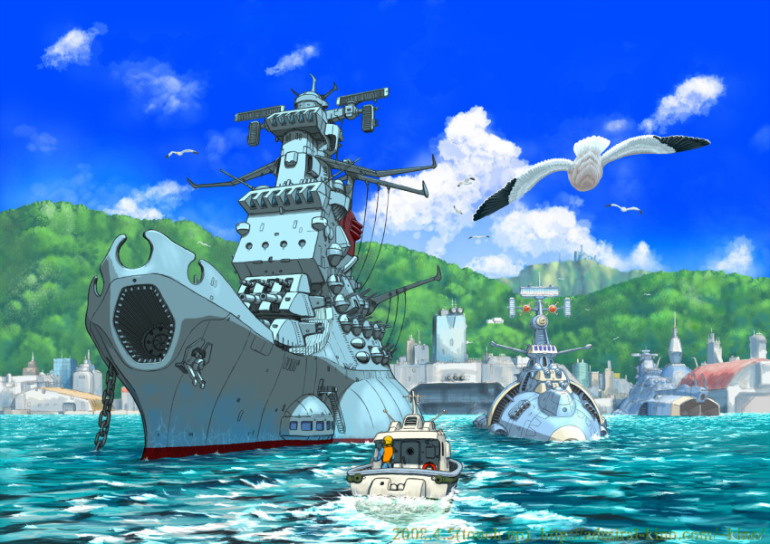 battleship bird boat harbor kinoshita_teitoku mountain ocean port_of_kure revision ship sky space_craft tree uchuu_senkan_yamato water waves yamato_(uchuu_senkan_yamato)