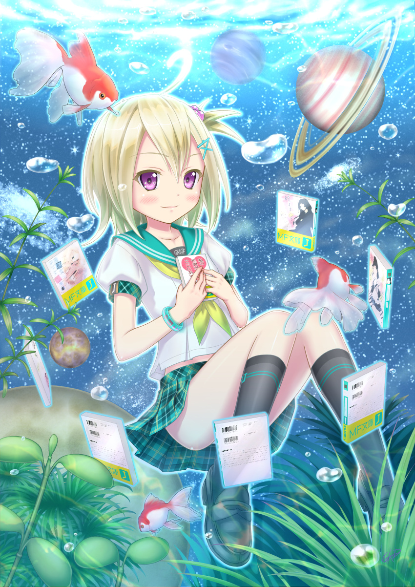 1girl absurdres ahoge blonde_hair blush bracelet bubble fish goldfish gotou_hisashi hair_ornament hairclip highres jewelry mf_bunko neptune original plaid plaid_skirt planet saturn short_hair short_sleeves signature skirt solo underwater violet_eyes