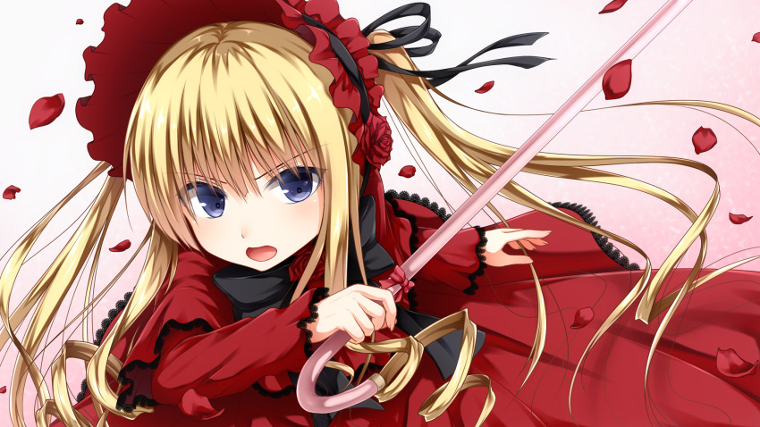 1girl blonde_hair blue_eyes bonnet cane dress drill_hair flower haryuu_(poetto) highres long_hair long_sleeves open_mouth petals ribbon rose rozen_maiden shinku solo twintails white_background