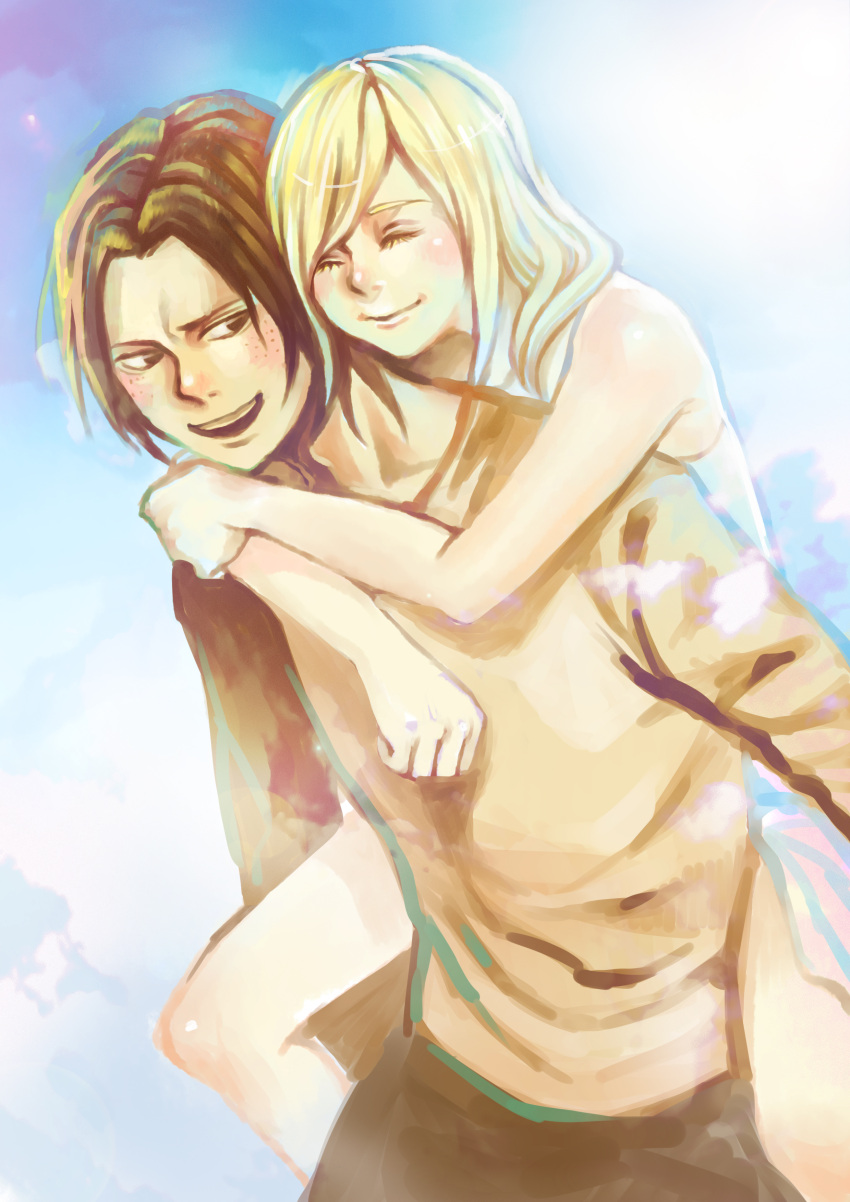 2girls absurdres christa_renz closed_eyes freckles fuyu_ame highres multiple_girls piggyback shingeki_no_kyojin smile ymir_(shingeki_no_kyojin)