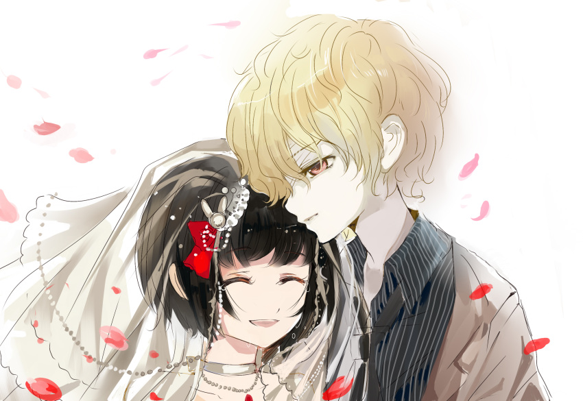 1boy 1girl alternate_hairstyle aya_drevis bangs black_hair blonde_hair bow bride choker couple dio_(mad_father) ears hair_bow hair_ornament hairpin highres mad_father necktie object_spring open_mouth petals red_eyes shirt short_hair smile tears veil what_if