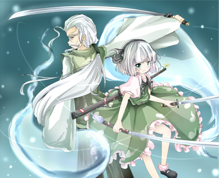 1boy 1girl ankle_socks blue_background bow facial_hair flower from_behind goatee green_eyes hair_ribbon katana knee_up kodachi konpaku_youki konpaku_youki_(ghost) konpaku_youmu konpaku_youmu_(ghost) light_particles light_trail looking_at_viewer looking_over_shoulder mary_janes mustache nano_(mianhua_maoqiu) open_mouth outstretched_arm ponytail puffy_short_sleeves puffy_sleeves ribbon samurai scabbard sheath shoes short_hair short_sleeves short_sword silver_hair skirt skirt_set sword touhou unsheathed weapon