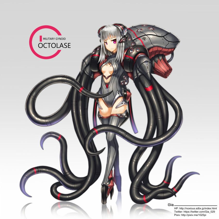 1girl center_opening gia highres original red_eyes silver_hair tentacles thigh-highs