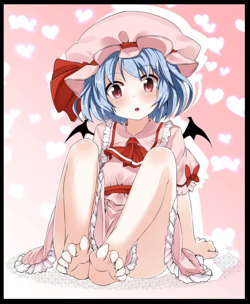 1girl ascot barefoot bat_wings blue_hair dress frame gradient gradient_background hat hat_ribbon heart highres looking_at_viewer noa_(nagareboshi) open_mouth pink_dress pink_hair puffy_sleeves remilia_scarlet ribbon short_sleeves sitting solo touhou wings